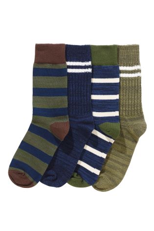 Khaki/Navy Chunky Mixed Design Socks Four Pack